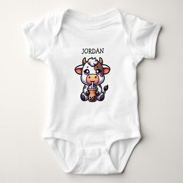 Body Para Bebé Bebé lindo vaca bebiendo Boba Kawaii Personalizado (Anverso)