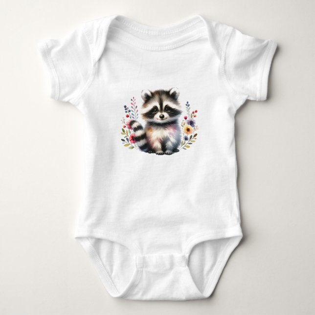 Body Para Bebé Bebé Mapache Adorable con Flores (Anverso)