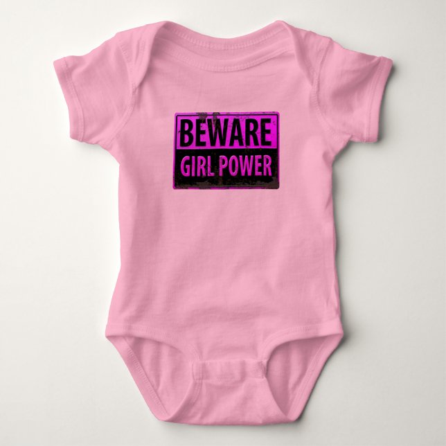 Body Para Bebé BEWARE Chica Power - Rótulo rosado de peligro Meta (Anverso)