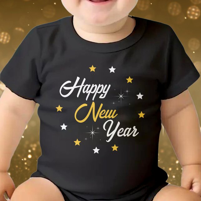 Body Para Bebé Blanco negro y oro Feliz Año Nuevo (Black White & Gold Happy New Year Baby Bodysuit)
