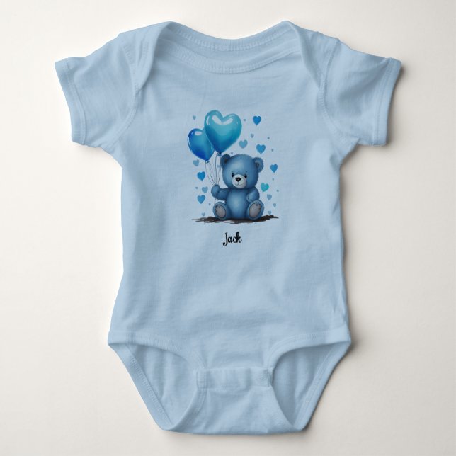 Body Para Bebé Blue Teddy Heart Balloons Personaliza el Nombre de (Anverso)