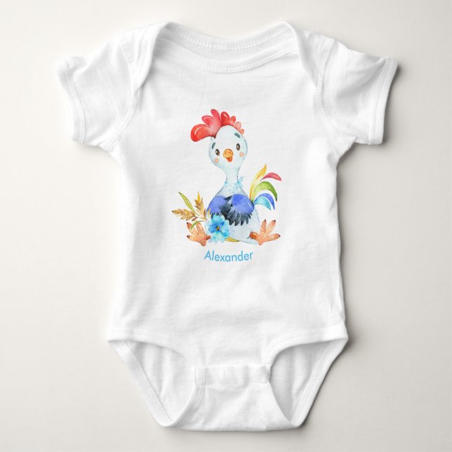 Body Para Bebé Blue Watercolor Little Rooster (Anverso)