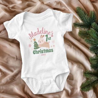 Body Para Bebé Boho Primera Navidad con conejo, árbol, nombre