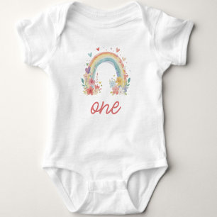 Body Para Bebé Boho Rainbow Floral Pastel "One" Primer cumpleaños