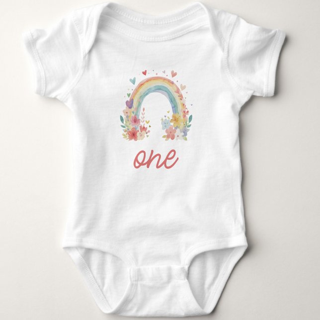 Body Para Bebé Boho Rainbow Floral Pastel "One" Primer cumpleaños (boho one shirt, pastel first birthday, floral rainbow outfit, baby girl birthday, cake smash outfit)