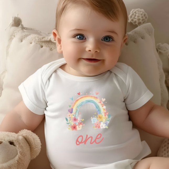 Body Para Bebé Boho Rainbow Floral Pastel "Uno" Cumpleaños (boho first birthday, "one" shirt, floral rainbow bodysuit, baby girl birthday, cake smash outfit)