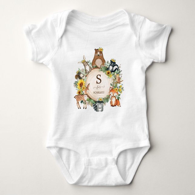 Body Para Bebé Boho Sunflower Woodland Animales Personalizado Mon (Anverso)