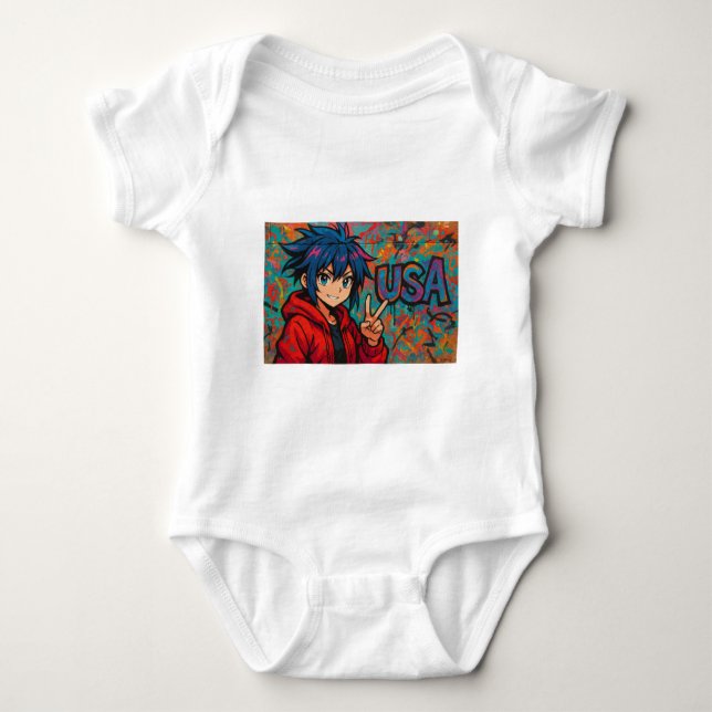 Body Para Bebé Bold Red Anime USA Graphic T-Shirt (Anverso)