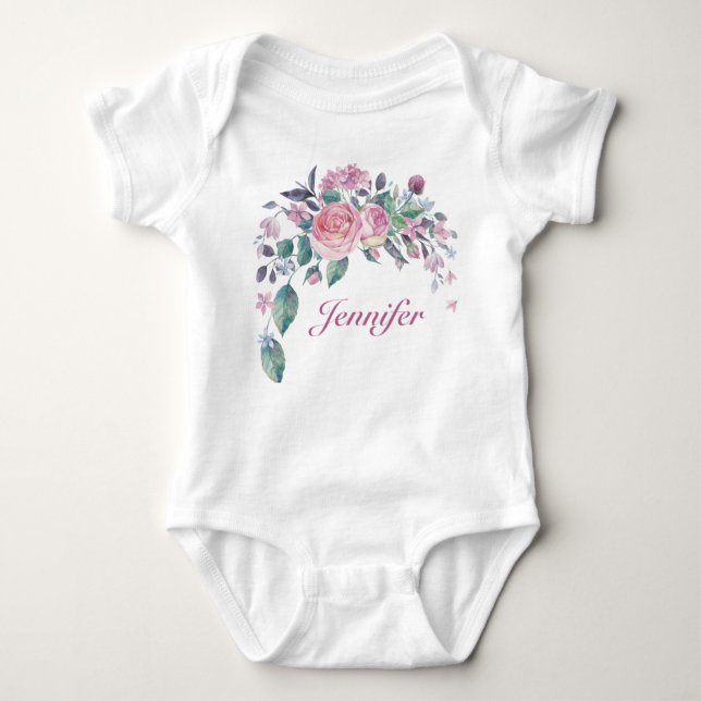 Body Para Bebé Bonito Floral Nombre Personalizado Bebé (Anverso)