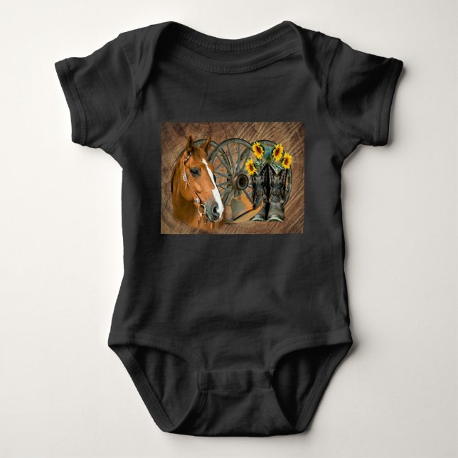 Body Para Bebé Botas Vaquero Caballo Rueda de Carro Girasoles Wes (Anverso)