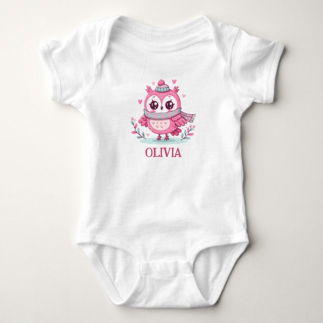 Body Para Bebé Búho Rosa Pequeño y Lindo con Bufanda y Capucha (Anverso)