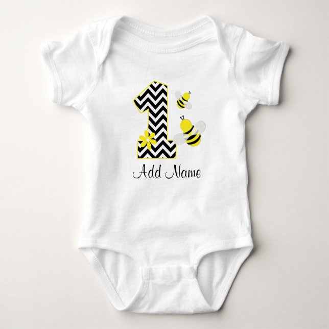 Body Para Bebé Bumble Bee Personalizado Primer Cumpleaños Chevron (Anverso)