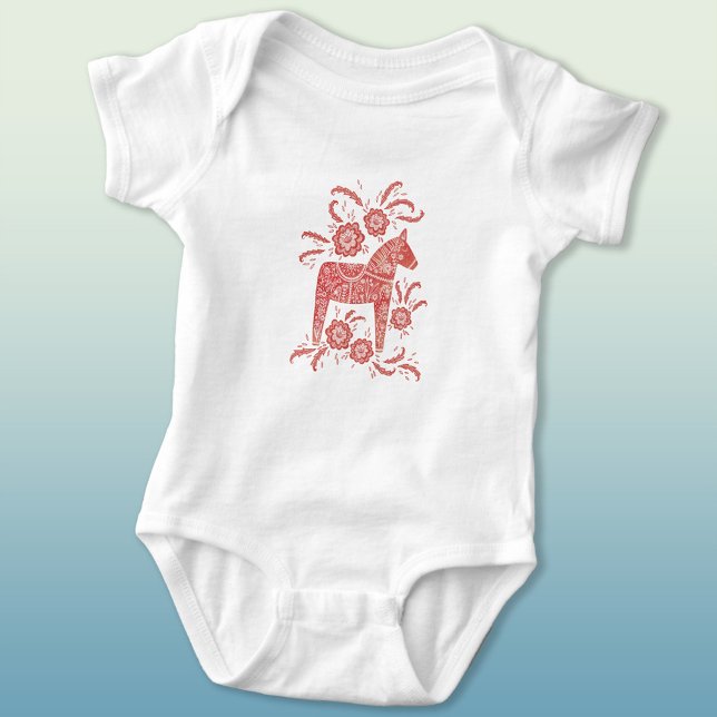 Body Para Bebé Caballo de dala sueco rojo y blanco (Swedish Dala Horse red and white baby bodysuit)