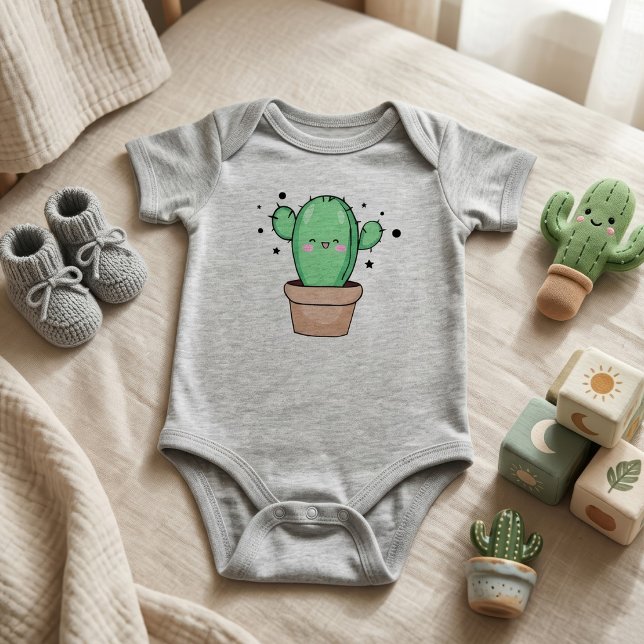 Body Para Bebé Cactus bebé Kawaii sonriente en jarrón con estrell (Cute smiling Kawaii Baby Cactus in vase with stars. Baby Grey Bodysuit)