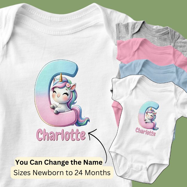 Body Para Bebé Cambia el nombre lindo rosa azul letra C Unicornio (Subido por el creador)