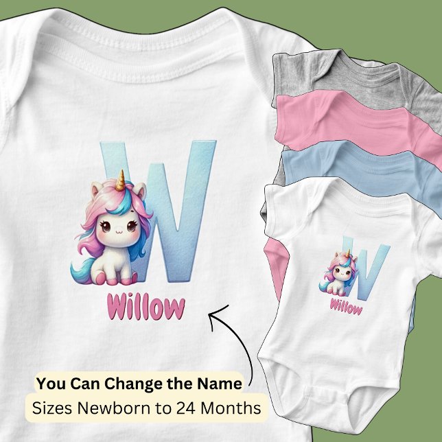 Body Para Bebé Cambia el nombre lindo rosa azul letra W Unicornio (Subido por el creador)