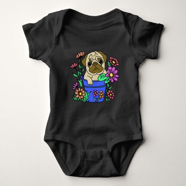 Body Para Bebé camiseta cachorrinho fofo nas flores (Anverso)