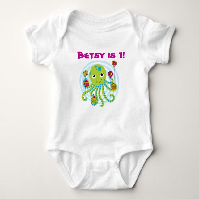 Body Para Bebé Camiseta de cumpleaños de Octopus Personalizable (Anverso)