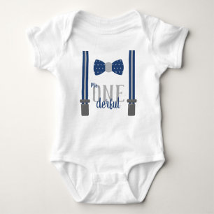 Body Para Bebé Camiseta de Cumpleaños Mr ONEderful en Azul y Gris