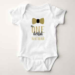 Body Para Bebé Camiseta Mr ONEderful Cumpleaños en Negro y Dorado