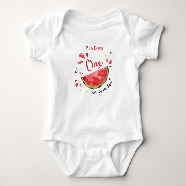 Body Para Bebé Camiseta Roja Uno en Melón para Primer Cumpleaños (Anverso)
