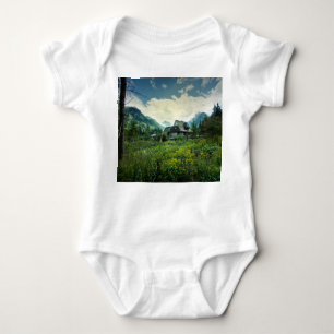 Body Para Bebé Casa de madera, paisaje natural de montaña.