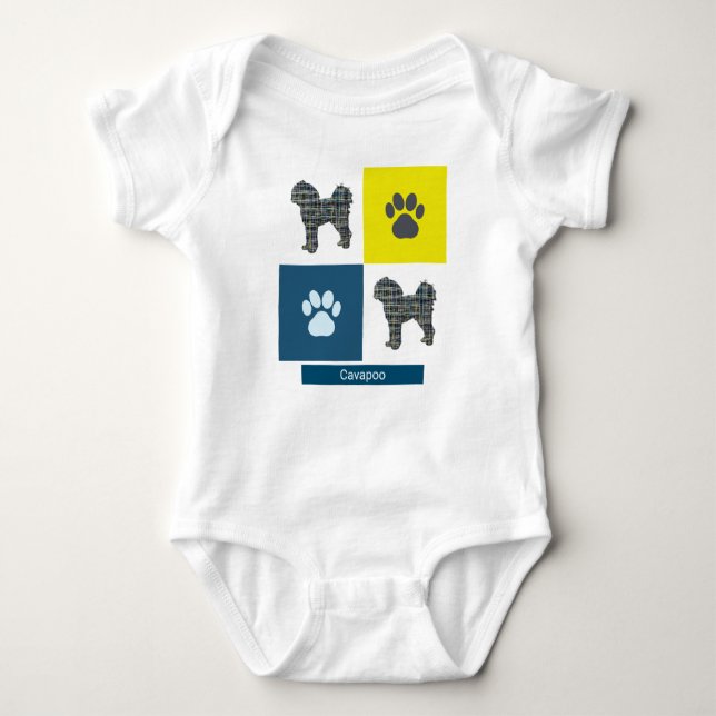 Body Para Bebé Cavapoo Dog & Paw Y&B Grid Square Baby Bodysuit (Anverso)