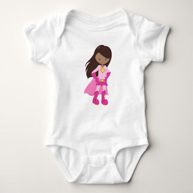 Body Para Bebé Chica afroamericana, capa rosa, chica superheroína (Anverso)