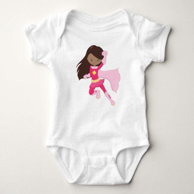 Body Para Bebé Chica afroamericana, Chica superheroína, Capa rosa (Anverso)