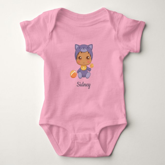 Body Para Bebé Chica de bebé Nombre personalizado de gato morado (Anverso)