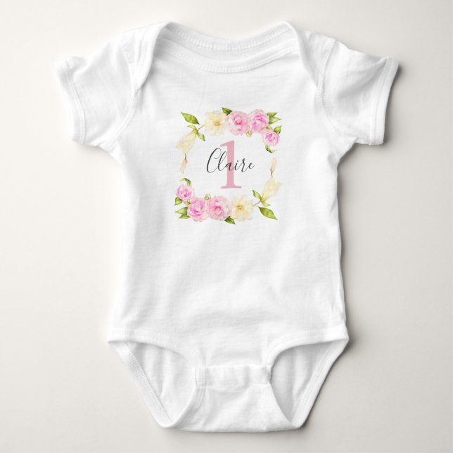 Body Para Bebé Chica Floral Crema Rosa Primer Cumpleaños (Anverso)