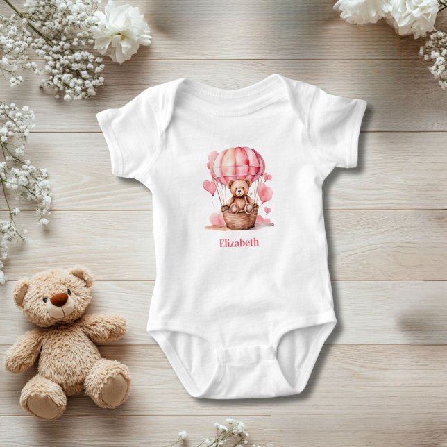 Body Para Bebé Chica rosa de globo aerostático de Teddy Bear Pers (Teddy Bear Pink Hot Air Balloon Personalized Baby Body suit. Baby shower or new baby gift)