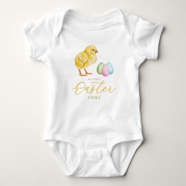Body Para Bebé Chick And Pastel Eggs With Name Baby's 1st Easter (Anverso)