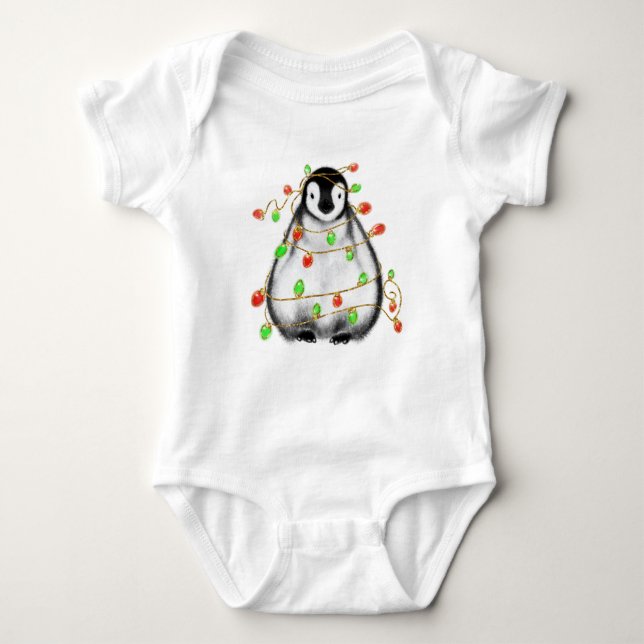 Body Para Bebé Christmas baby penguin red green holiday lights (Anverso)