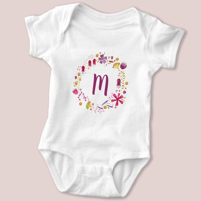 Body Para Bebé Colirio de flores silvestres Monograma inicial (Monogram initial personalized watercolor wildflower baby bodysuit)