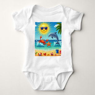 Body Para Bebé Colorido verano playa Cangrejo delfín azul cielo