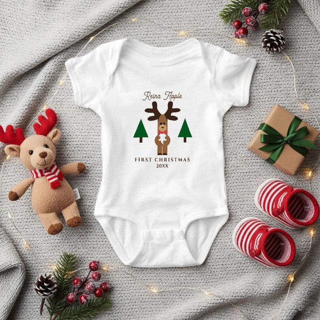 Body para bebé con nombre de reno para su primera  (A cute First Christmas Reindeer Baby Bodysuit with space for a name and year)