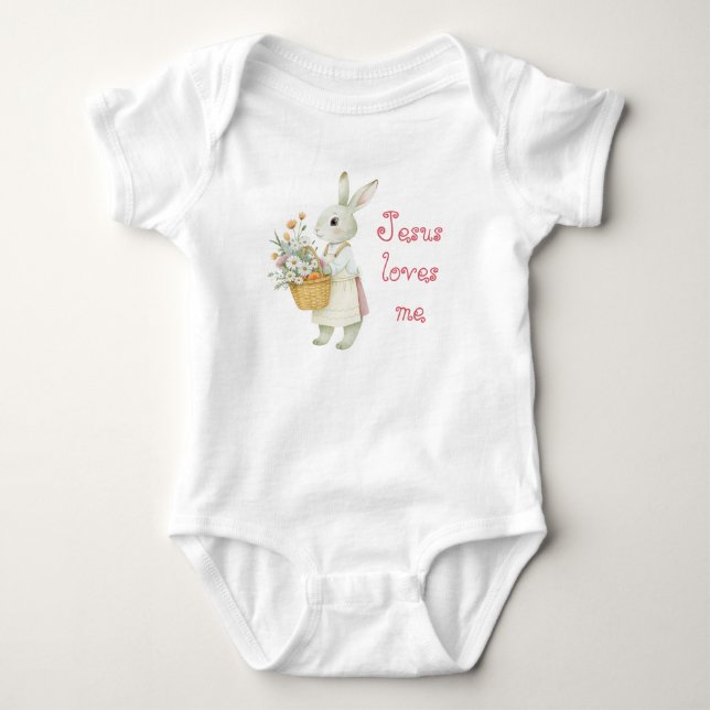 Body Para Bebé Conejito adorable de Biblia en pastel, cesta, glob (Anverso)