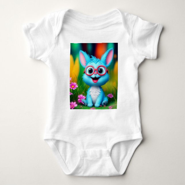 Body Para Bebé Conejito azul sonriente lindo con lentes de gafas- (Anverso)