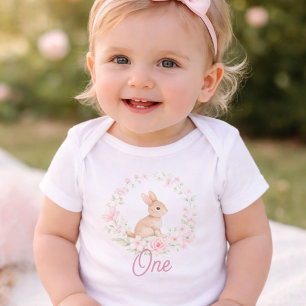 Body Para Bebé Conejo acuarela cumpleaños niña 1er año Floral 