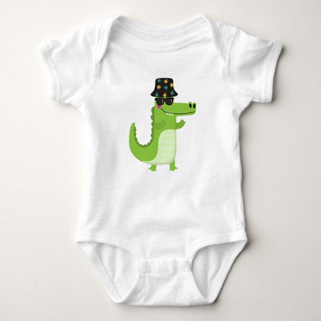 Body Para Bebé Cool Crocodile with Sunglasses and Leafy Bucket (Anverso)