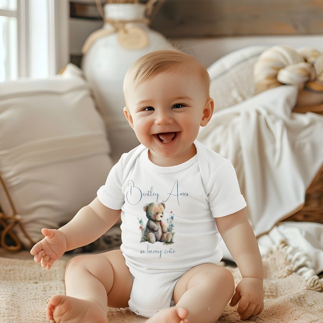 Body Para Bebé Cuidada acuarela Floral Teddy Bear Nombre personal (Cute Watercolor Floral Teddy Bear Custom Name Baby Bodysuit)