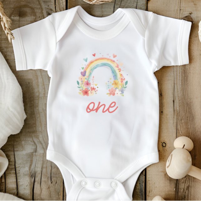 Body Para Bebé Cumpleaños Boho Floral Arcoíris Pastel "Uno" Prime (boho one shirt, pastel first birthday, floral rainbow outfit, baby girl birthday, cake smash outfit)