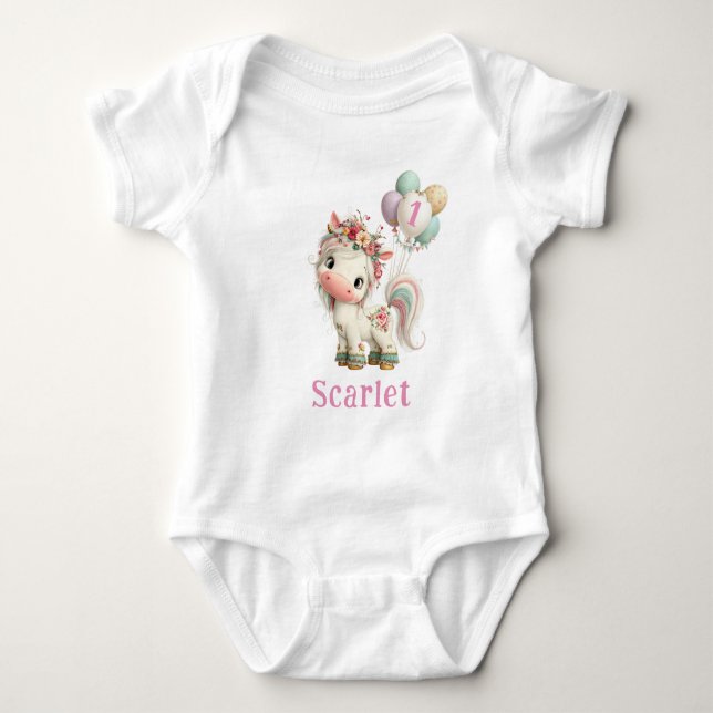 Body Para Bebé Cumpleaños de hermoso unicornio con globos (Anverso)