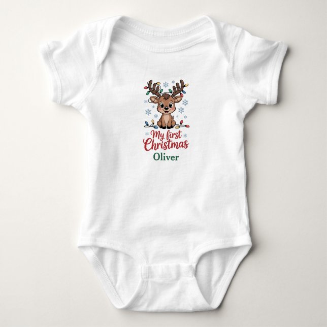 Body Para Bebé Custom Name First Christmas Reindeer (Anverso)