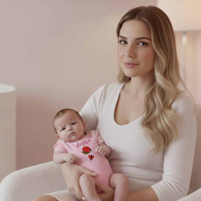 Body Para Bebé Custom Name Ladybug Pink Baby Bodysuit (personalized-ladybug-baby-girl-bodysuit)