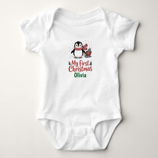 Body Para Bebé Custom Name Penguin First Christmas Design (Anverso)