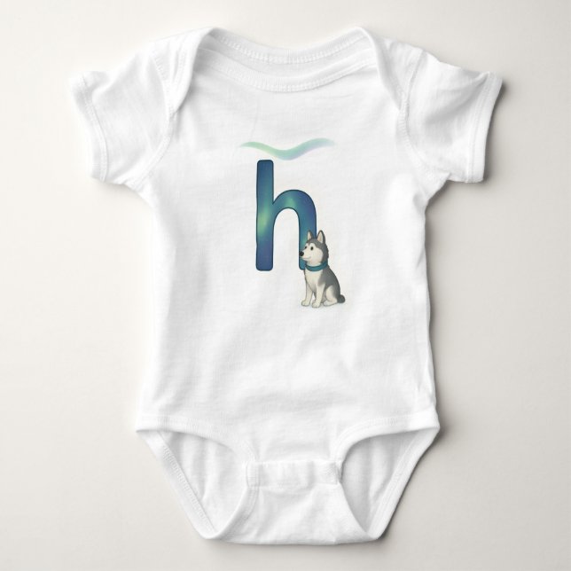 Body Para Bebé Customizable Northern Lights Letter H Husky Puppy (Anverso)
