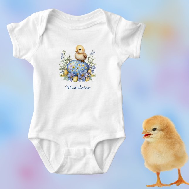 Body Para Bebé Cute Baby Chick Easter Egg Blue Yellow Monogram (Subido por el creador)