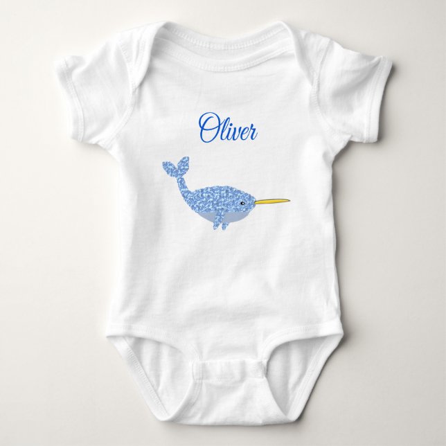 Body Para Bebé Cute Blue Baby Boy Narwhal Custom Name (Anverso)